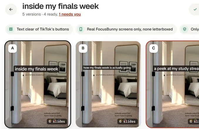 Five versions of one FocusBunny post, A to E, each with its own hook, and the checks each one passed.